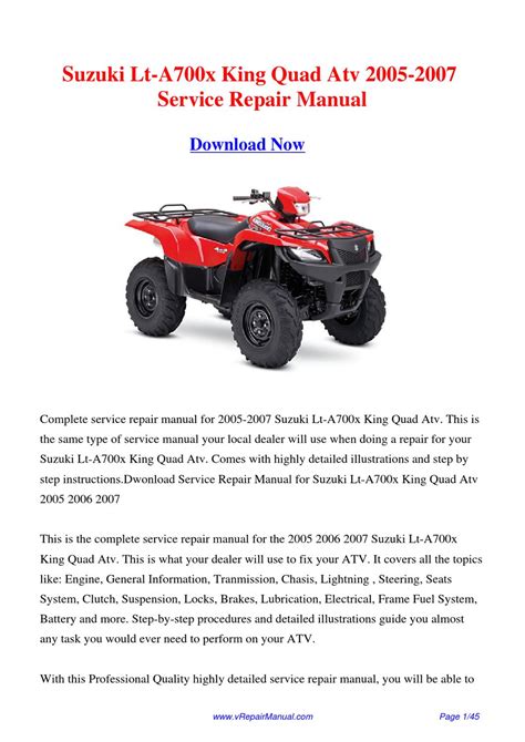 2005 Suzuki Lt A700x Xk5 King Quad Atv Service Manual