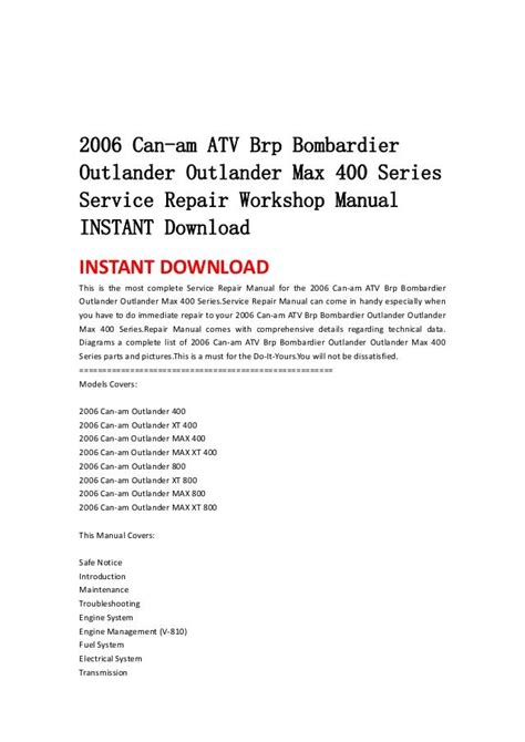 2006 Bombardier Atv Outlander Service Workshop Repair Manual