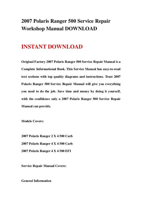 2007 Polaris Ranger 500 Service Repair Workshop Manual Download