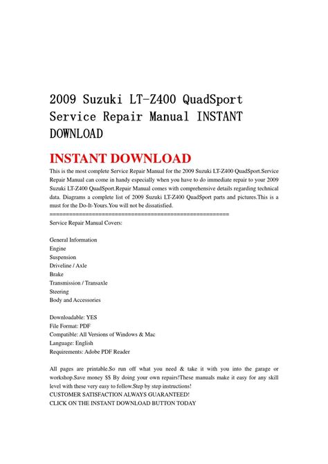 2009 Suzuki Lt Z400 Quadsport Service Repair Manual Instant Download