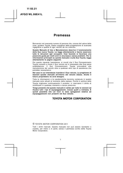 2011 Toyota Aygo Manuale Del Proprietario Italian Manual and Wiring Diagram