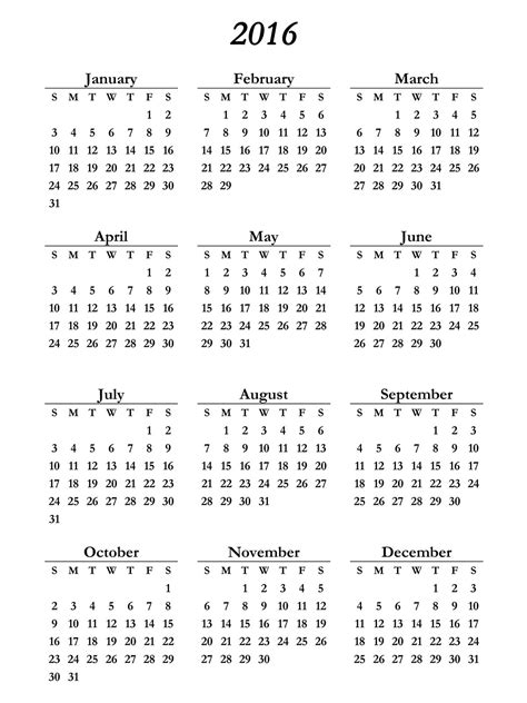 2016 Year Calendar Printable One Page