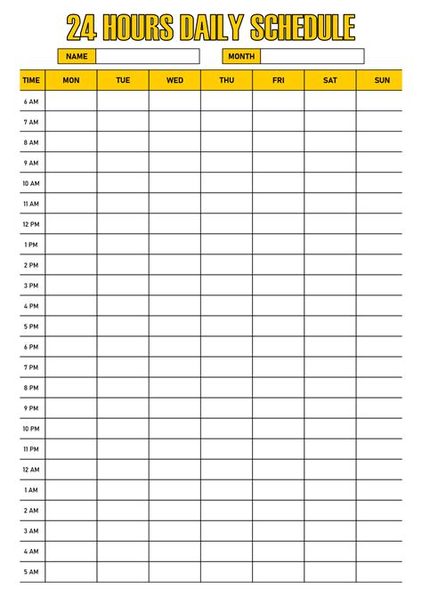 24 Hour Calendar Template Printable