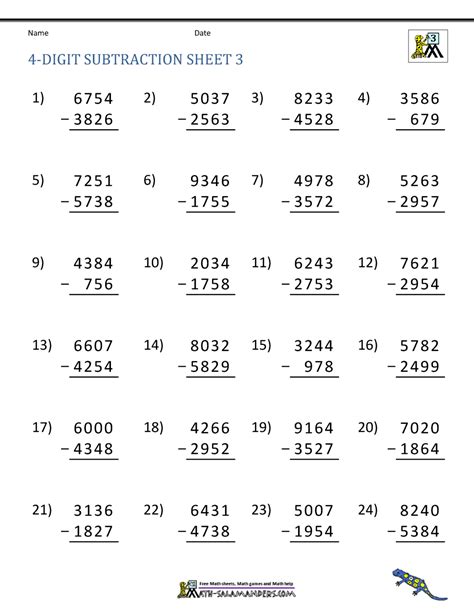 4 Digit Subtraction With Regrouping Printable Worksheets