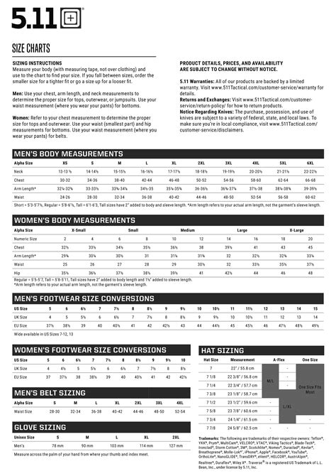 5 11 Tactical Size Chart