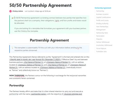 50/50 Partnership Agreement Template Doc