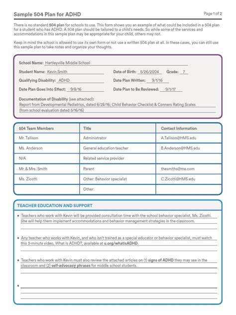 504 Plan Template Adhd
