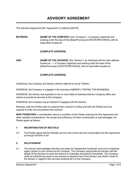 Advisory Agreement Template