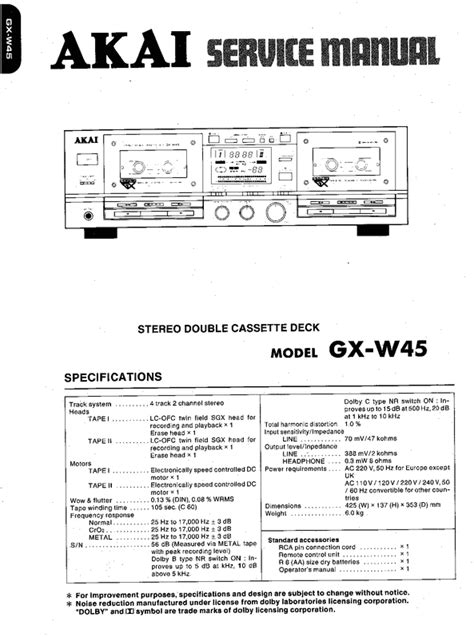 Akai Gx W45 Cassette Deck Service Repair Manual