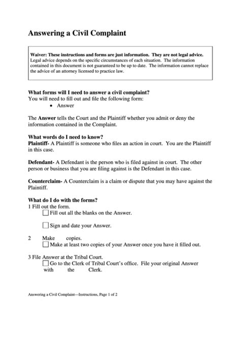 Answer To Civil Complaint Template