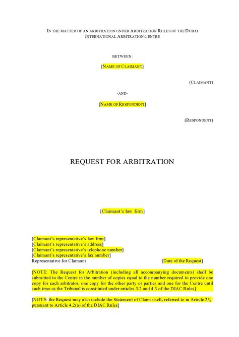 Arbitration Letter Template