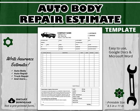 Auto Body Shop Estimate Template