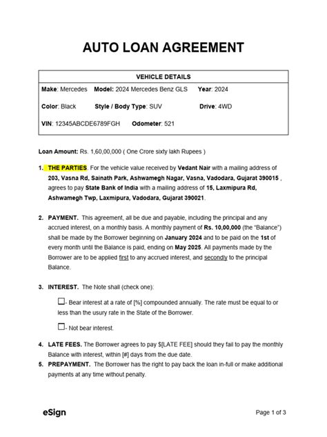 Auto Loan Contract Template