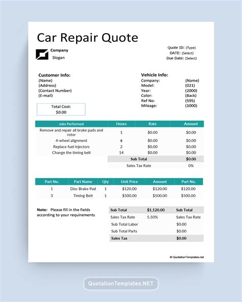 Auto Repair Quote Template