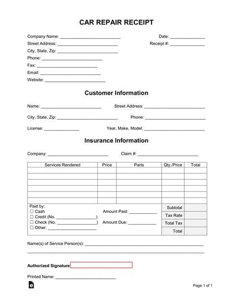 Auto Repair Shop Receipt Template