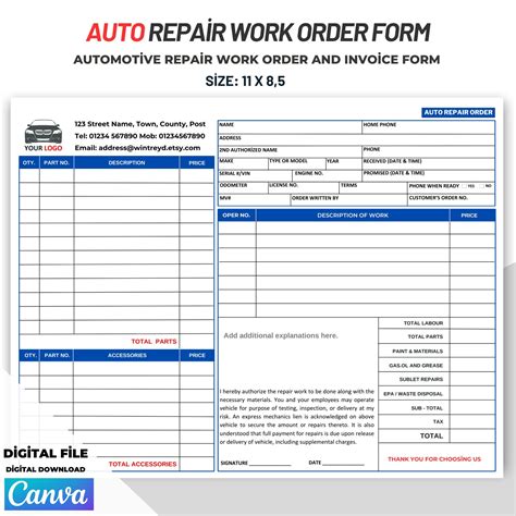 Auto Repair Shop Work Order Template