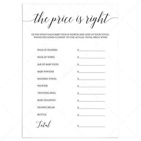 Baby Shower Price Is Right Game Printable