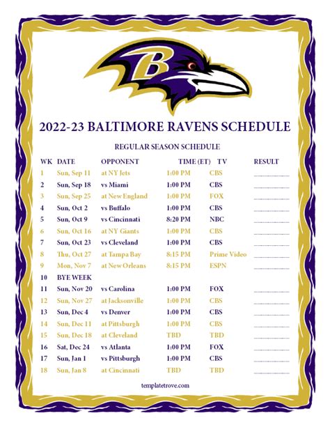 Baltimore Ravens Printable Schedule
