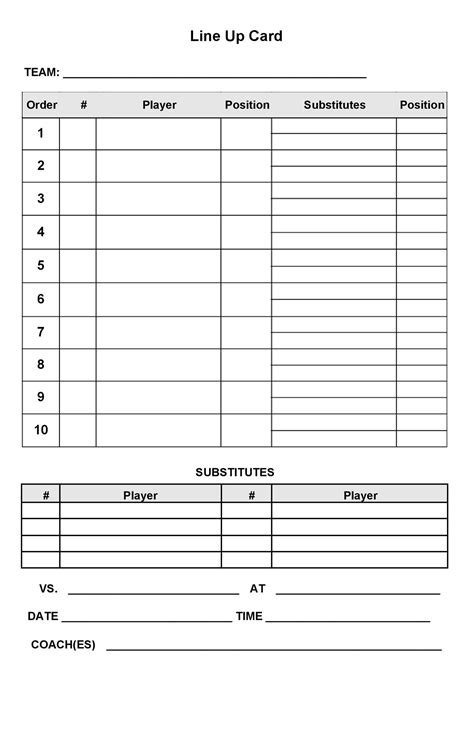 Baseball Game Roster Template