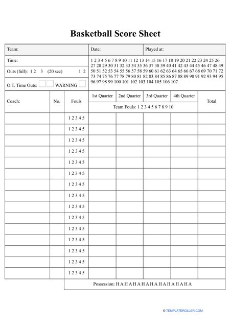 Basketball Score Sheet Template