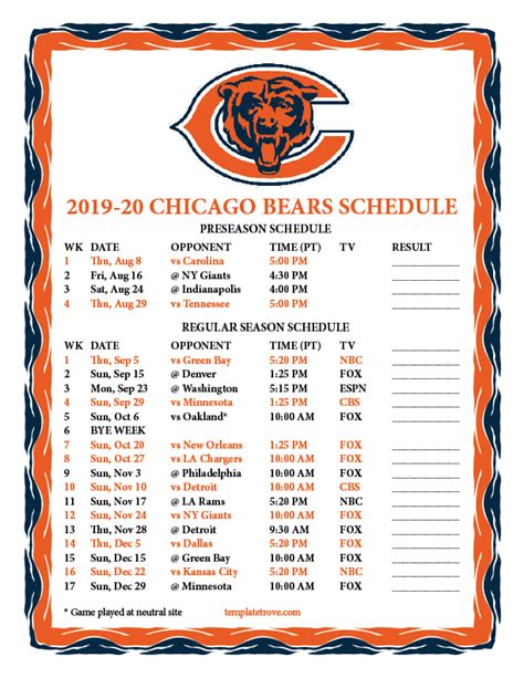 Bears Printable Schedule