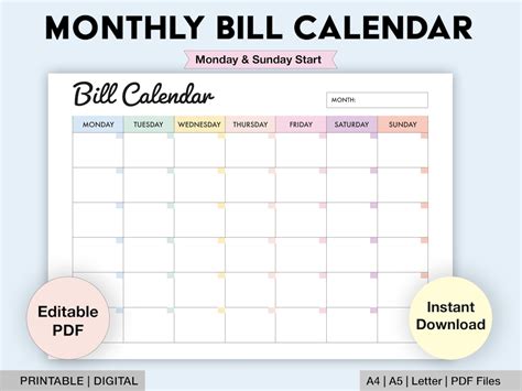 Bills Calendar Template