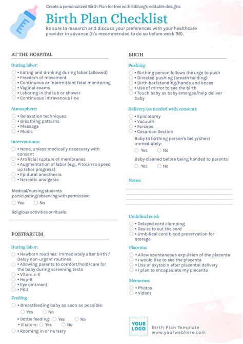 Birth Plan Checklist Template