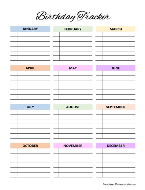 Birthday Calendar Template Free