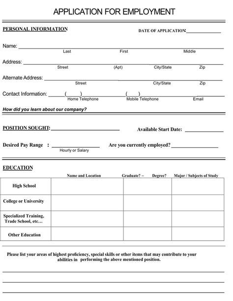 Blank Employment Application Printable