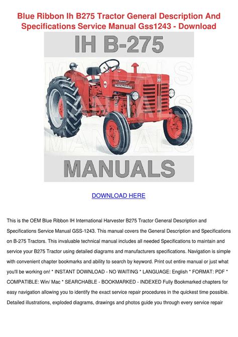 Blue Ribbon Ih B275 Tractor General Description And Specifications Service Manual Gss1243 Download