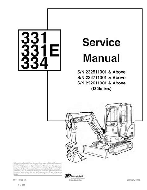 Bobcat Mini Excavator 331 331e 334 Service Manual 232511001 232611001 Pdf