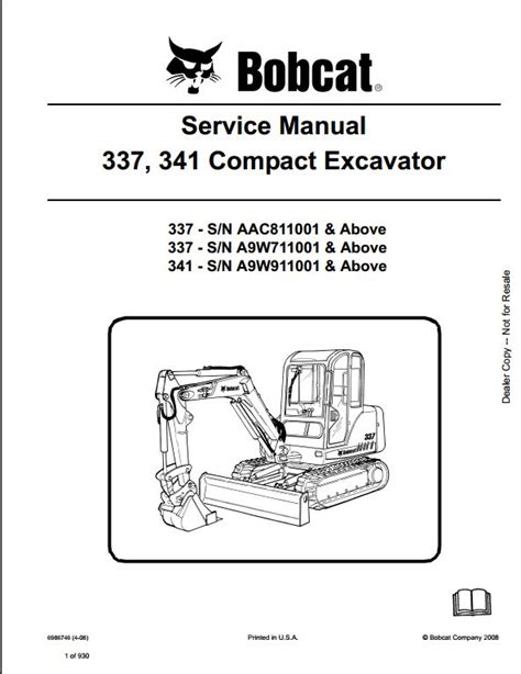 Bobcat Mini Excavator 337 341 Service Manual Aac811001 A9w911001 Pdf