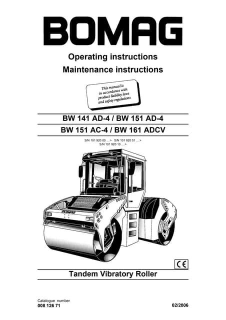 Bomag Bw 141 Ad 4 Bw 151 Ad 4 Bw 151 Ac 4 Bw 161 Adcv Tandem Rollers Service Repair Workshop Manual Download