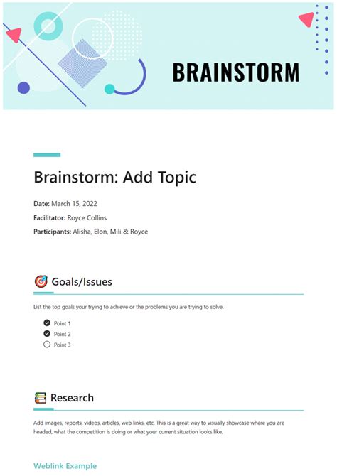 Brainstorm Template Google Docs