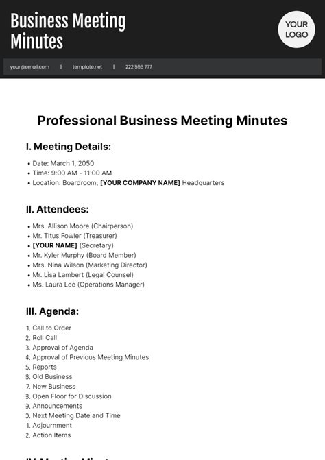 Business Minutes Template