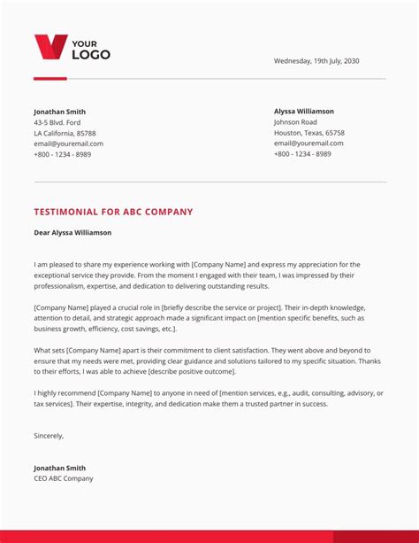 Business Testimonial Letter Template