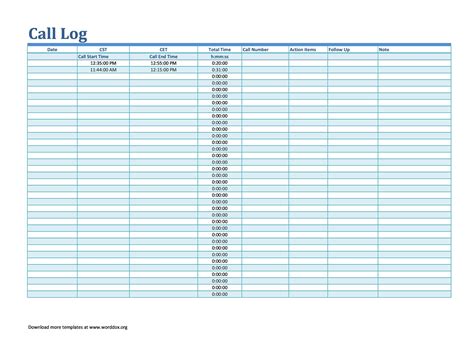 Call Log Template Excel Free