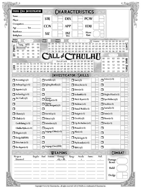 Call Of Cthulhu Character Sheet 7th Edition Printable