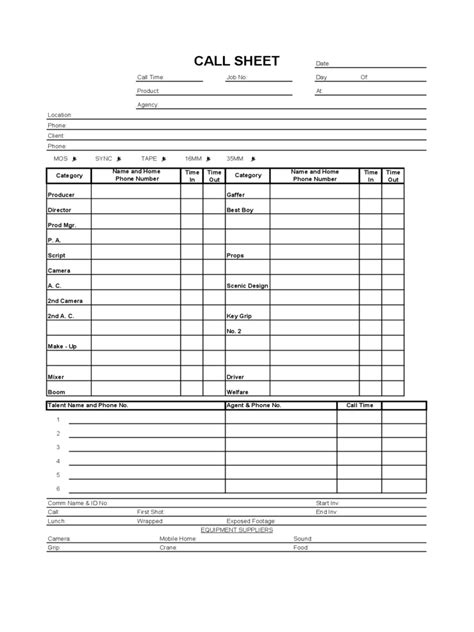 Call Sheet For Film Template