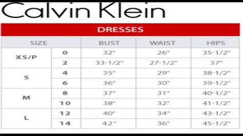 Calvin Klein Size Chart Womens