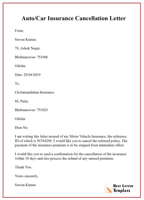 Car Insurance Cancellation Letter Template