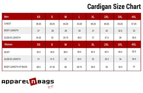 Cardigan Size Chart