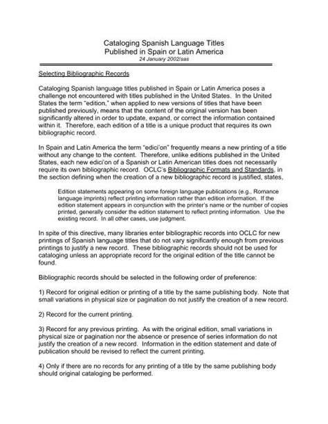 Cataloging Spanish Language Materials Table Of Contents