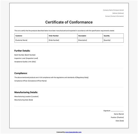 Certificate Of Conformance Template Word