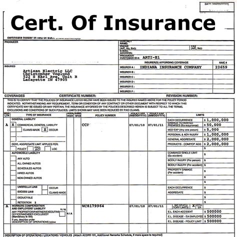 Certificate Of Insurance Template Free