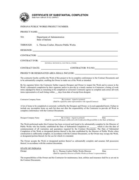 Certificate Of Substantial Completion Template