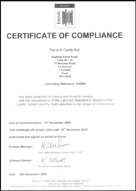 Certification Of Compliance Template