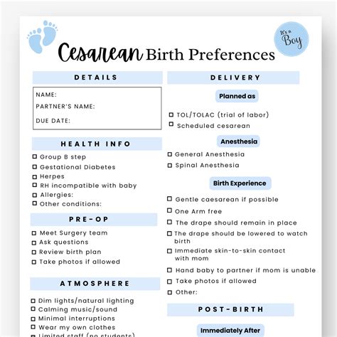 Cesarean Section Birth Plan Template