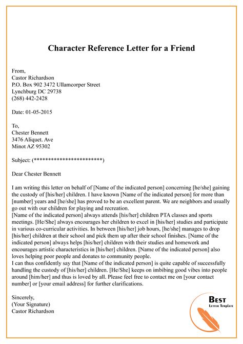 Character Reference Letter Template For Friend