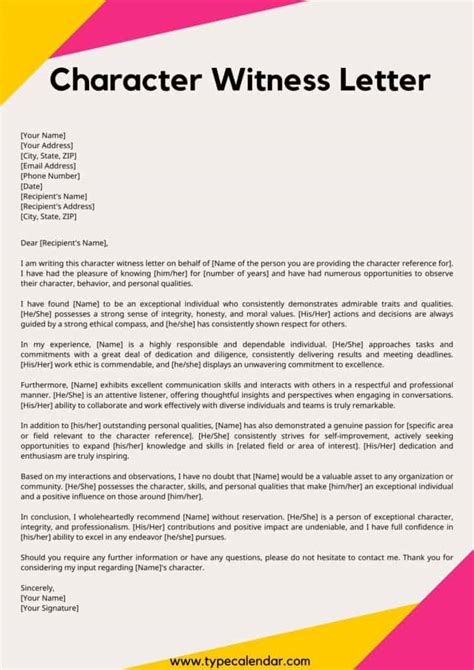 Character Witness Letter Template